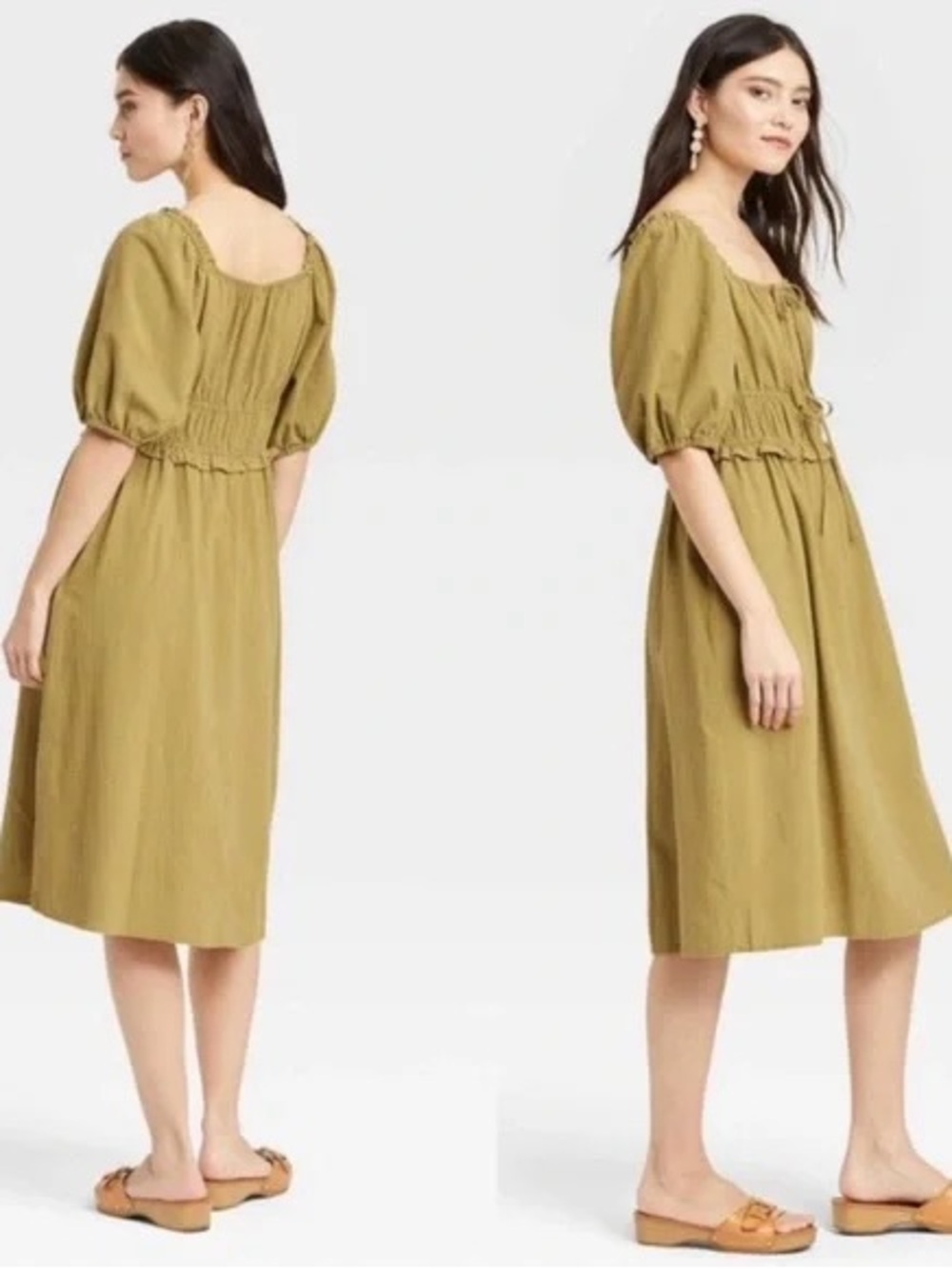 Universal thread Olive Green Puff-Sleeve Midi Dress